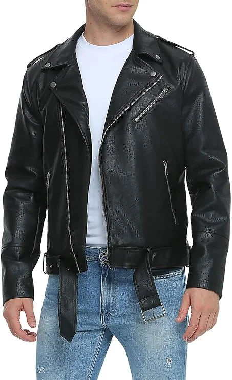 Fahsyee Blouson en cuir synthétique pour homme – Veste de motard slim style aviateur avec col à revers et fermeture éclair, noir