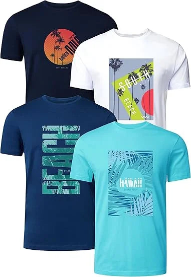 FULL TIME SPORTS PRINT-003 T-shirts Homme Lot de 4 – 100 % Coton, Manches Courtes, Col Rond, T-shirts Basiques Imprimés pour Loisirs et Quotidien