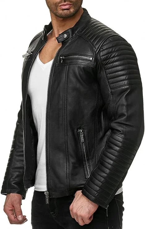 Fahsyee Blouson Homme en Faux Cuir – Veste Biker Coupe Slim Style Bomber avec Col Revers et Fermeture Éclair, Noir