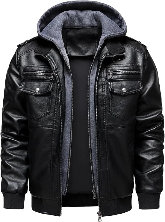 HOOD CREW Blouson homme en similicuir avec capuche – Blouson de motard style bomber vintage résistant à l'eau et au vent