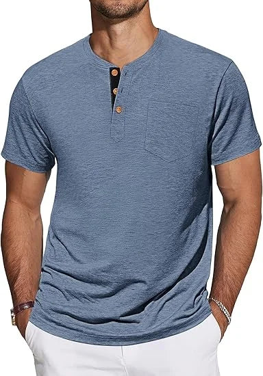 TARAINYA T-Shirt Henley pour hommes – Coton à manches courtes avec patte de boutonnage et poche poitrine, T-shirt basique d'été, Tailles M–4XL